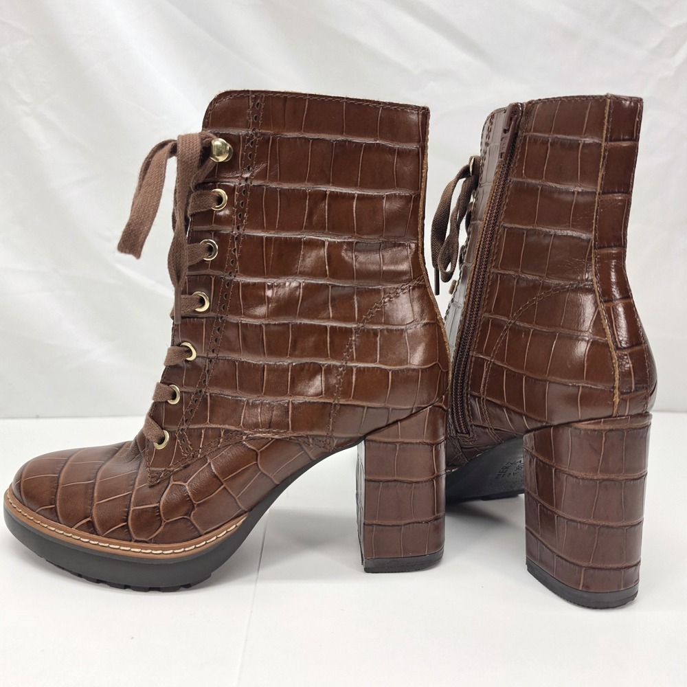 Naturalizer Womens 7.5 Brown Croc Embossed Leather Lace Up Ankle Boots Block Hee - Picture 5 of 16